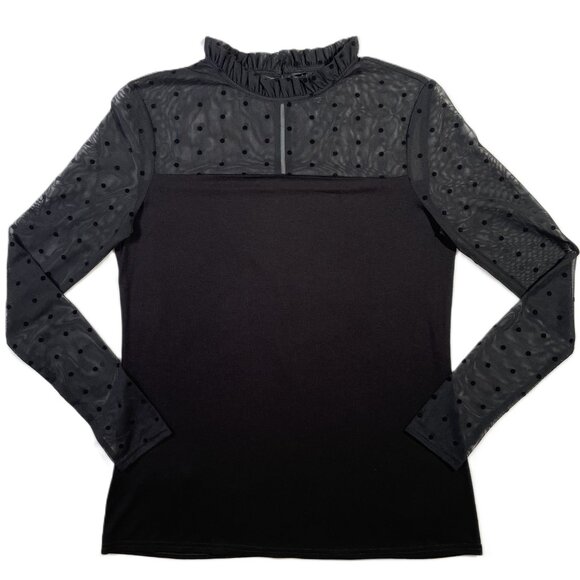 Long Tall Sally Black Sheer Polka Dot Neck Jersey Long Sleeve Top Size M - Picture 4 of 14